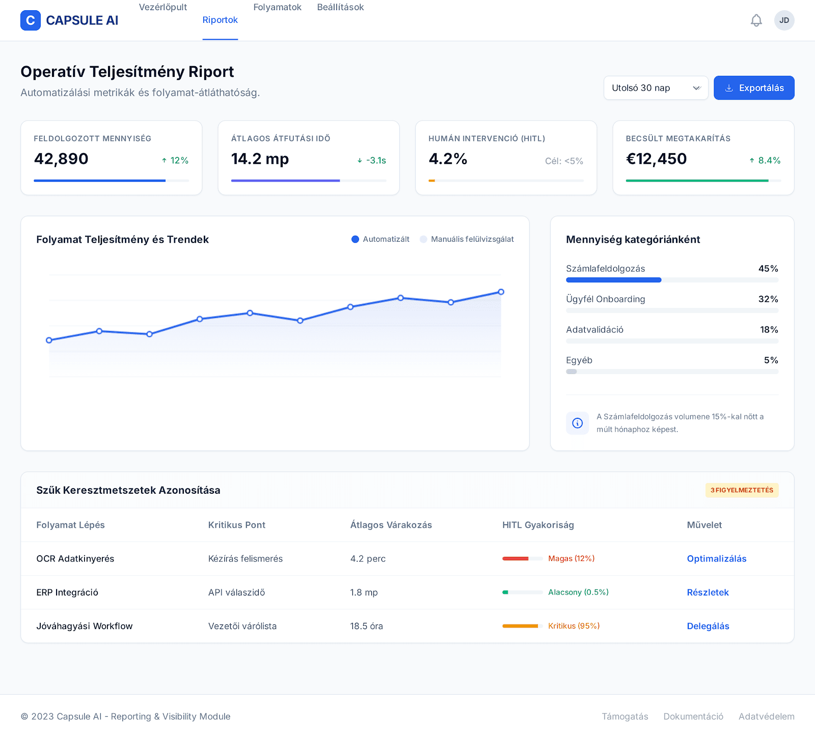 Capsule AI teljesítmény és folyamatriport nézet