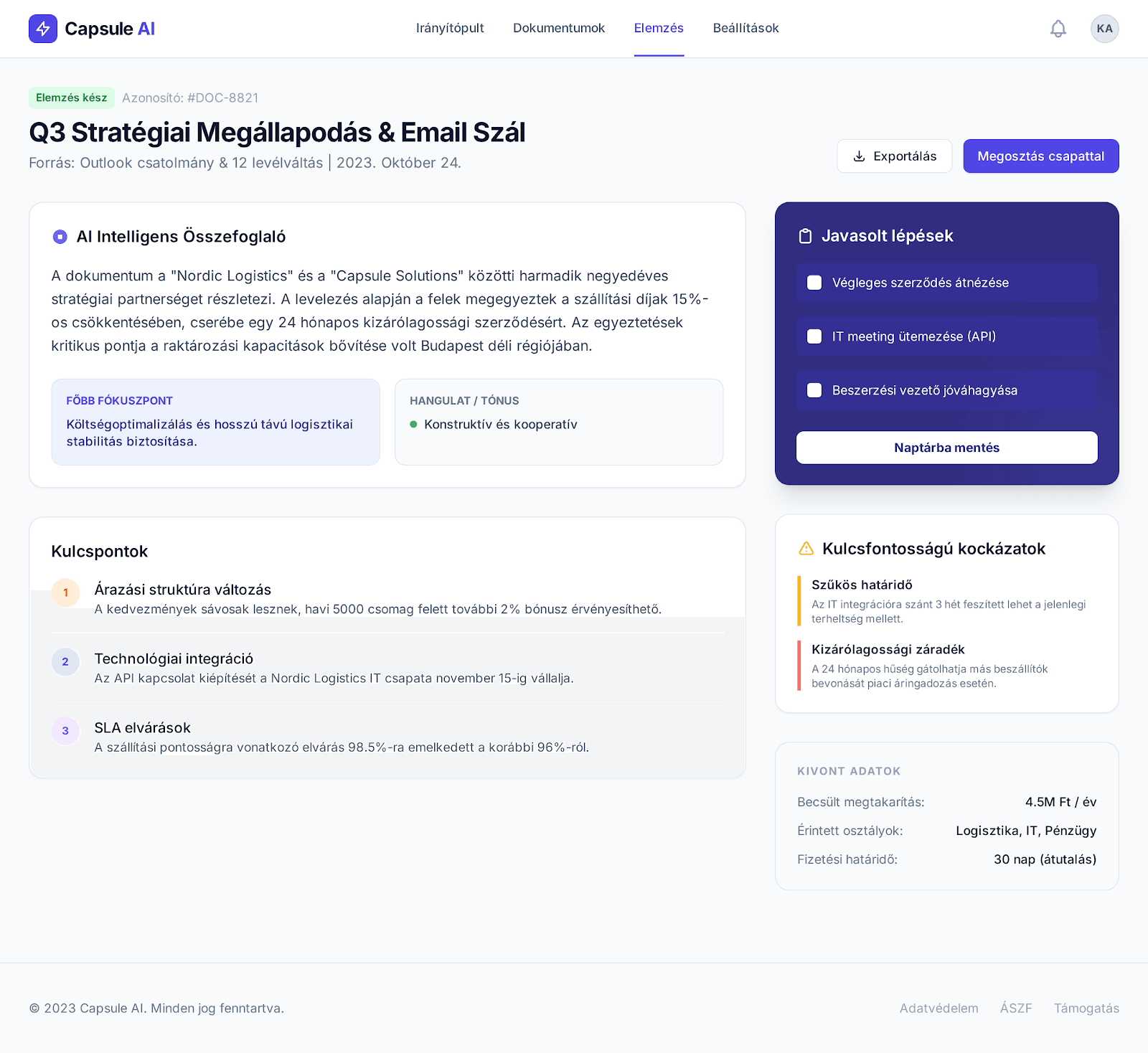Capsule AI elemzés és összegzés nézet
