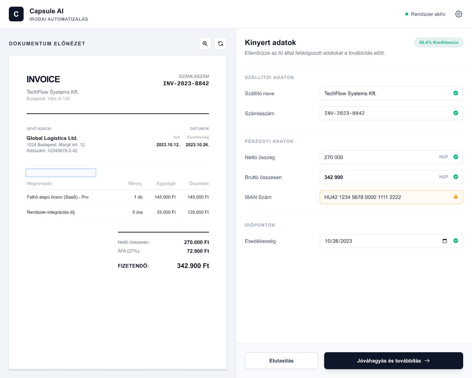 Capsule AI dokumentumkinyerés és ellenőrzés nézet