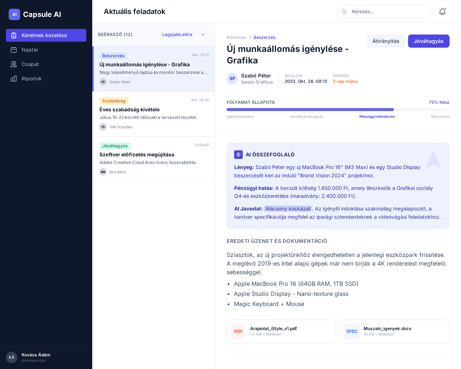 Capsule AI kérelmek és jóváhagyási workflow nézet