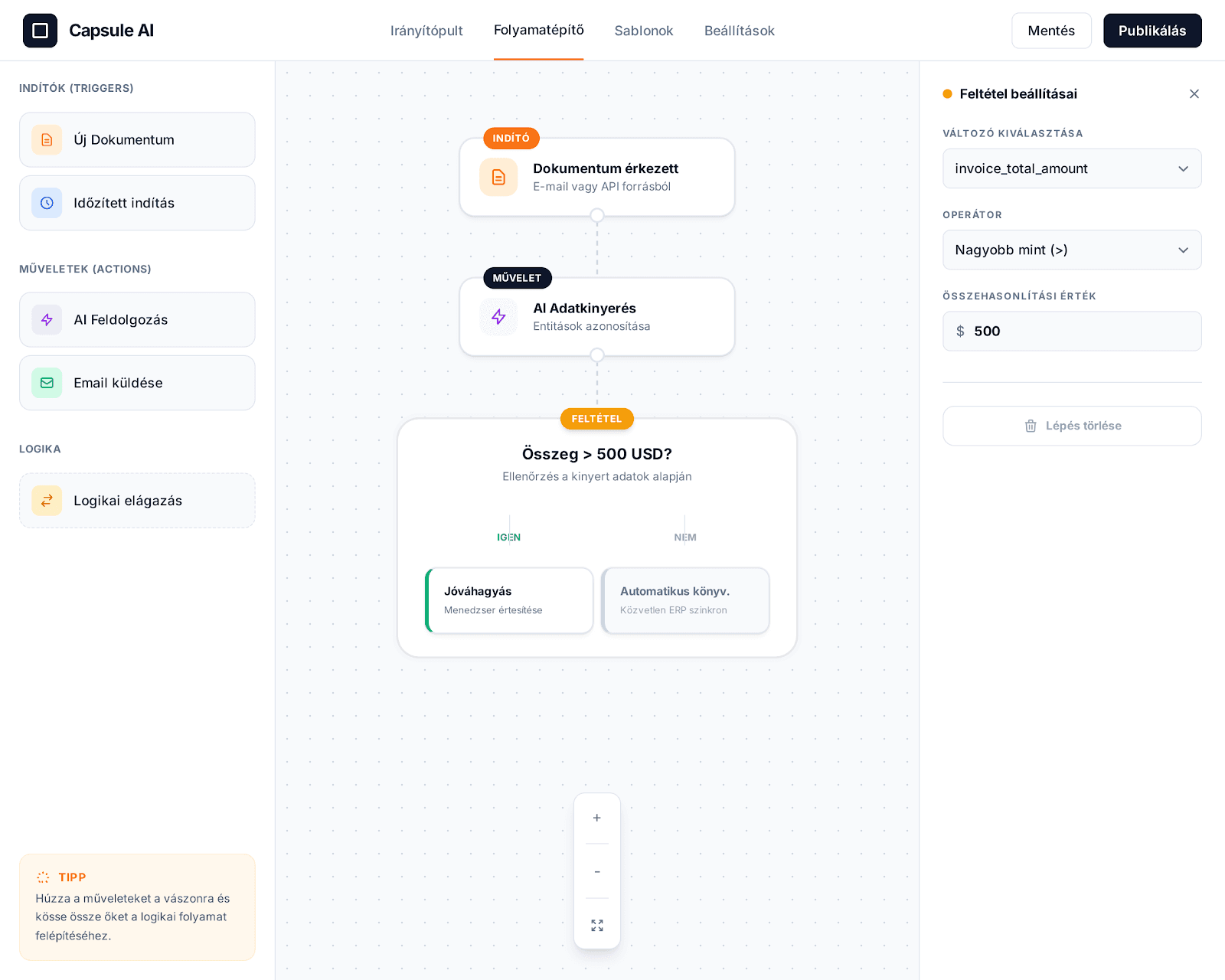 Capsule AI folyamatépítő és döntési logika nézet