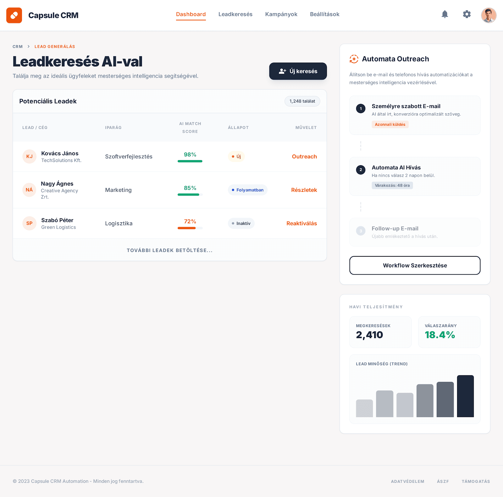 Capsule CRM AI leadkeresés és outreach nézet