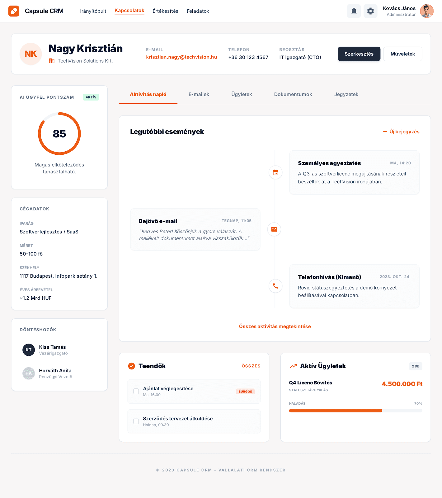 Capsule CRM kapcsolati adatlap és aktivitásnapló nézet