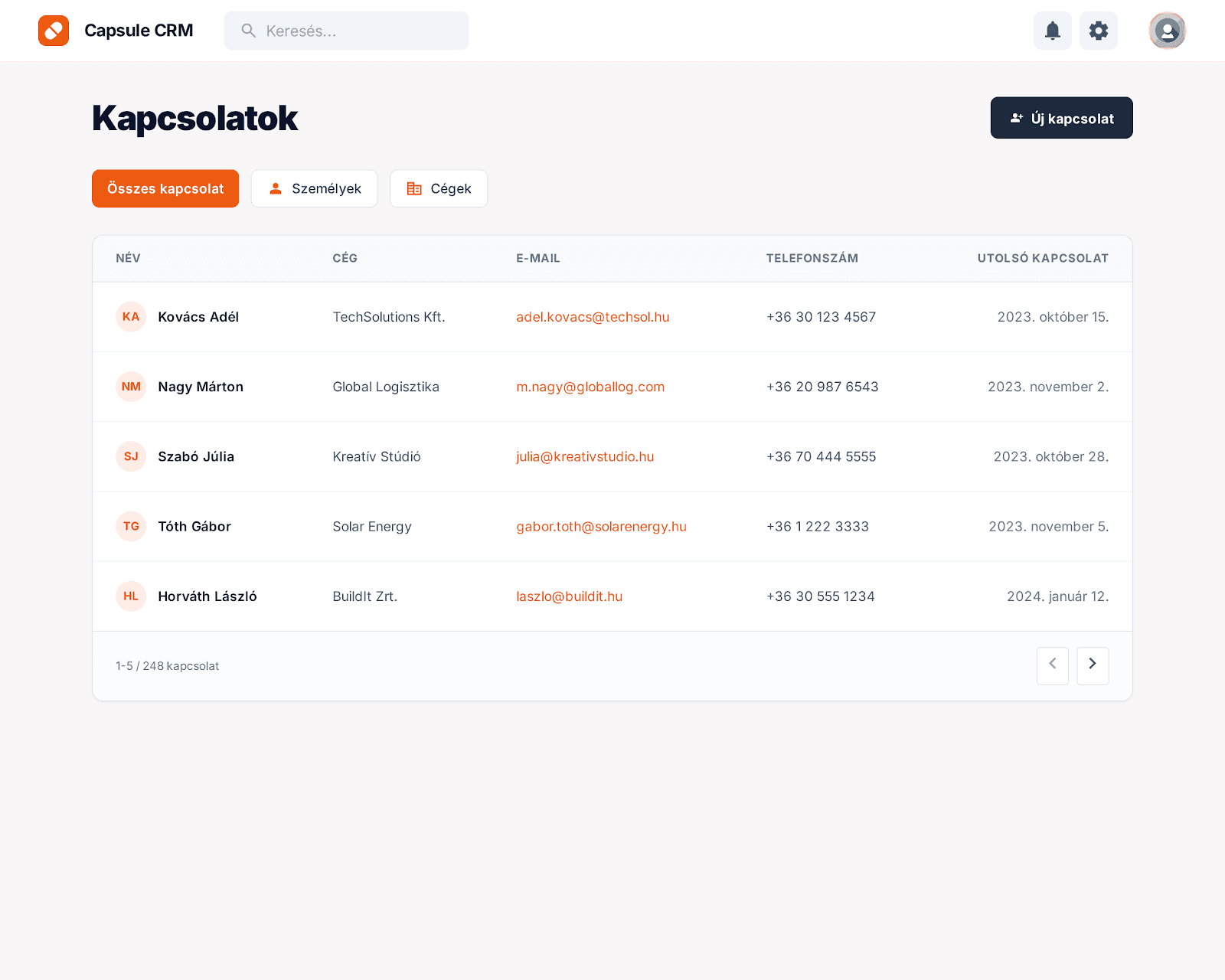 Capsule CRM kapcsolatlista nézet