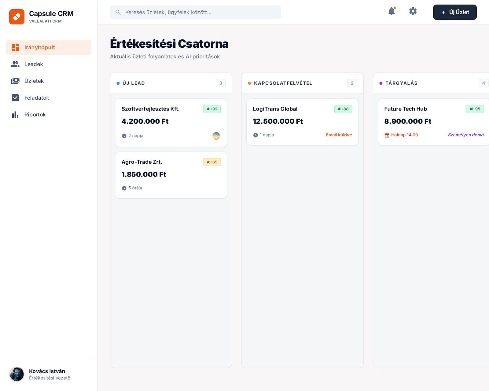 Capsule CRM értékesítési csatorna nézet
