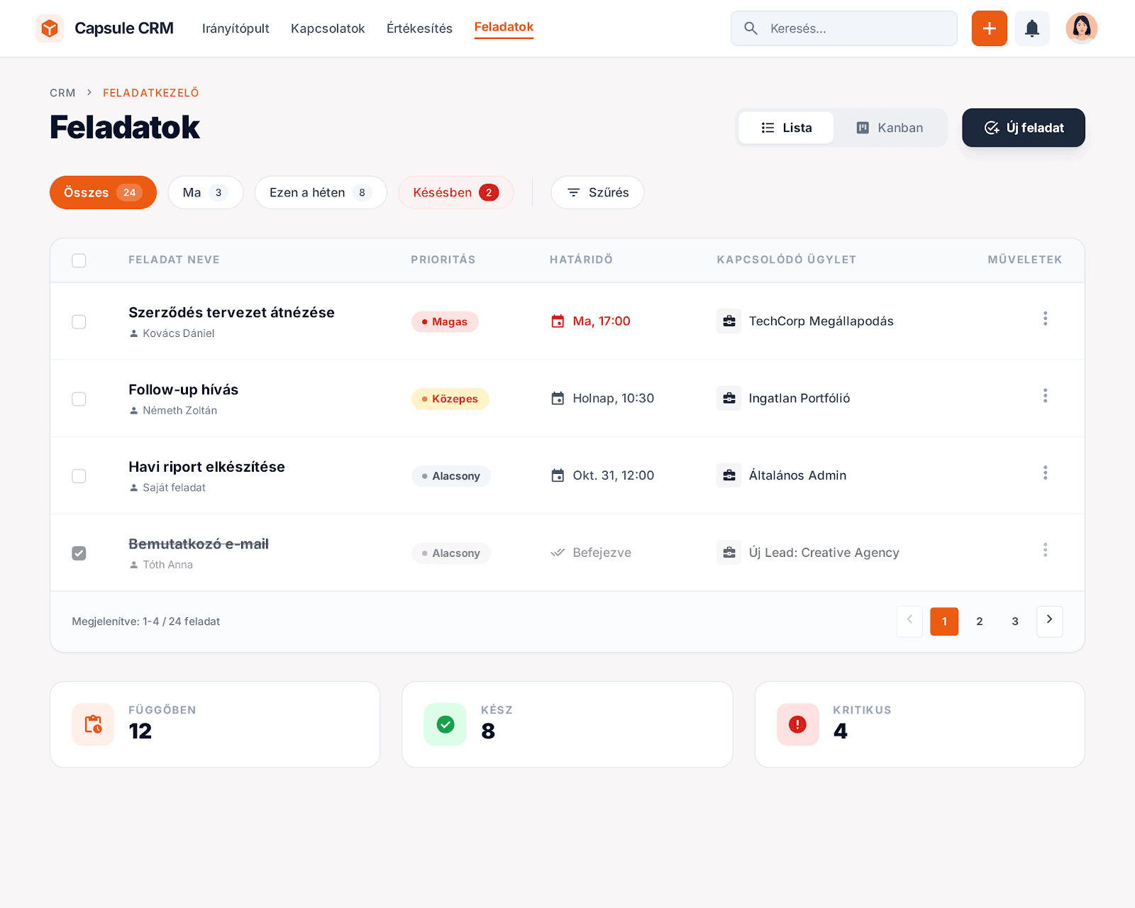 Capsule CRM feladatkezelő nézet