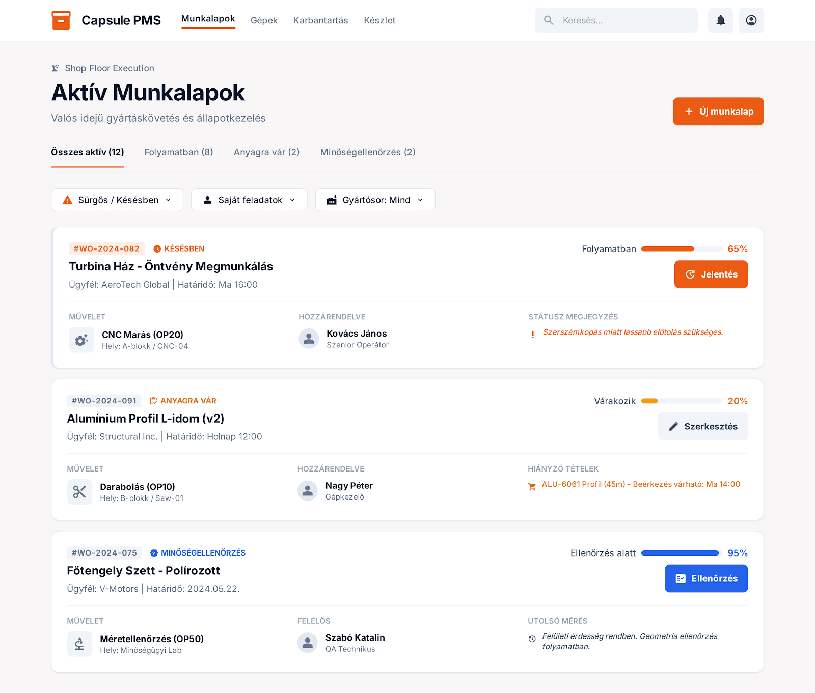 Capsule PMS aktív munkalapok nézet
