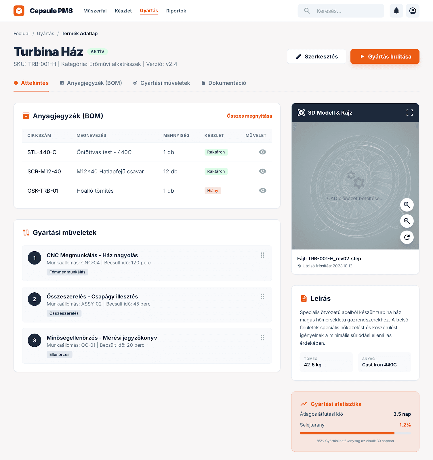 Capsule PMS BOM és gyártási műveletek nézet