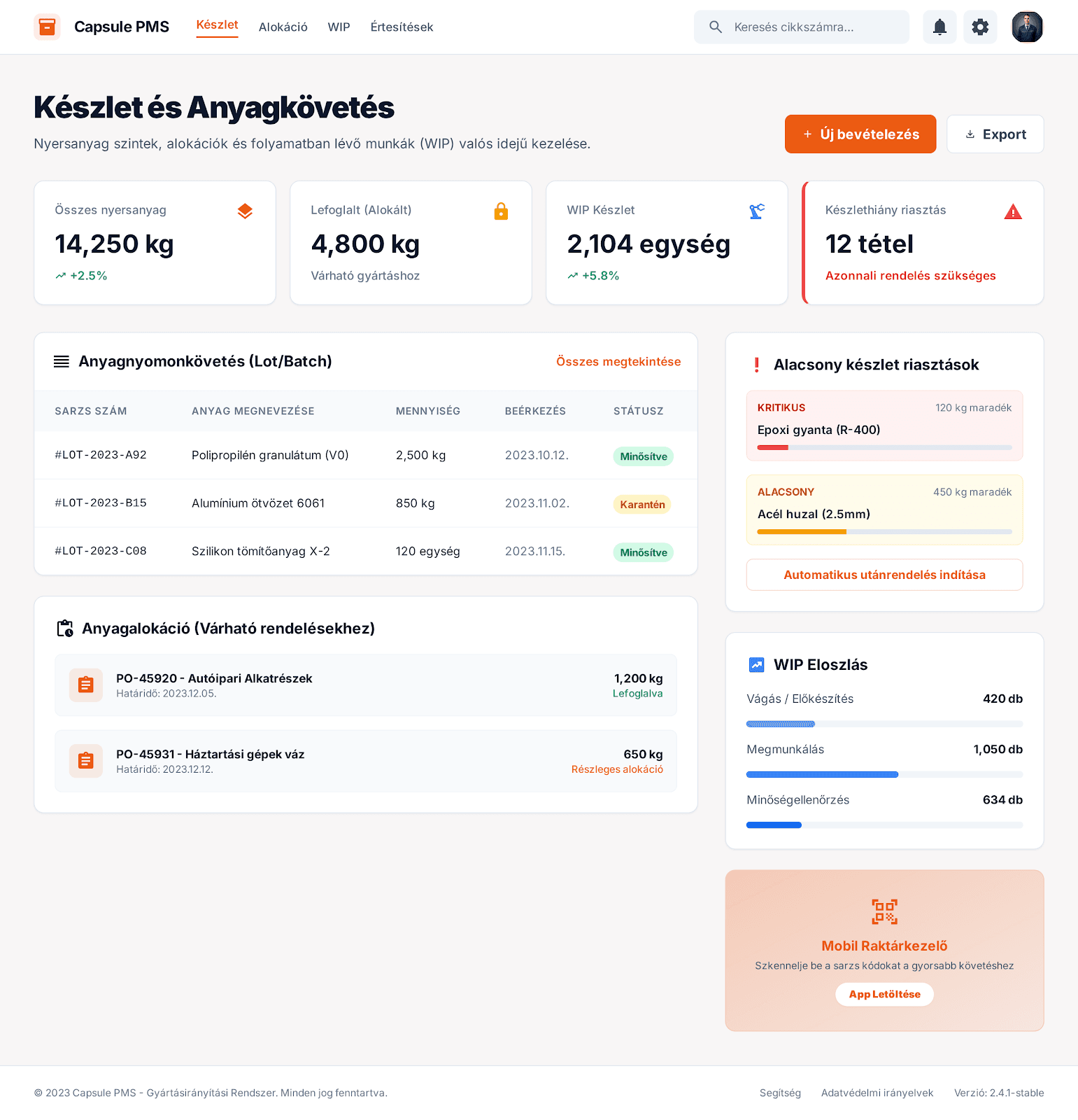 Capsule PMS készlet és anyagkövetés nézet