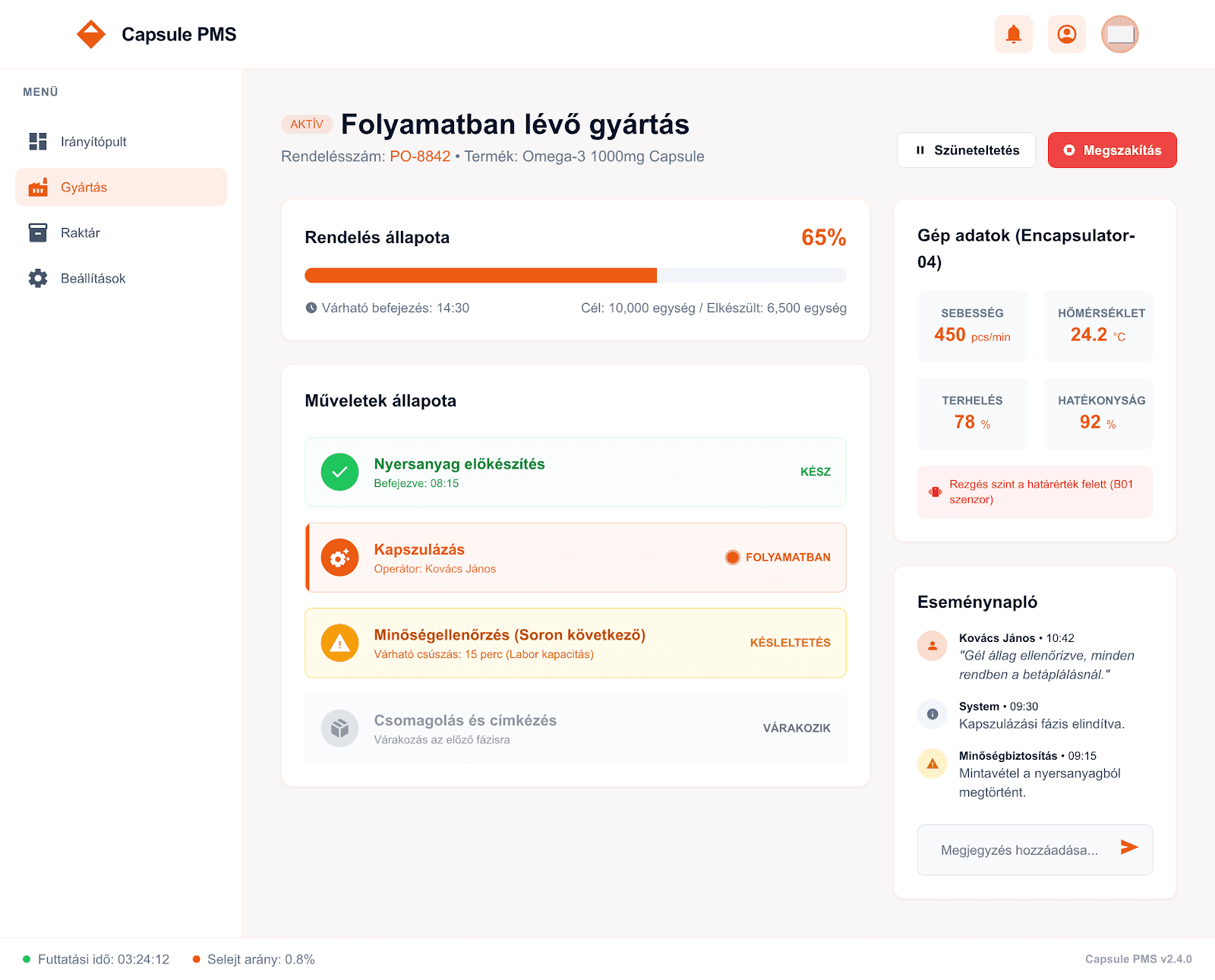 Capsule PMS folyamatban lévő gyártás nézet