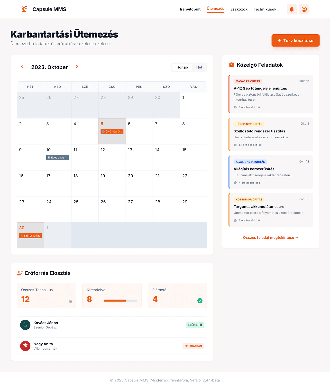 Capsule MMS karbantartási ütemezés nézet