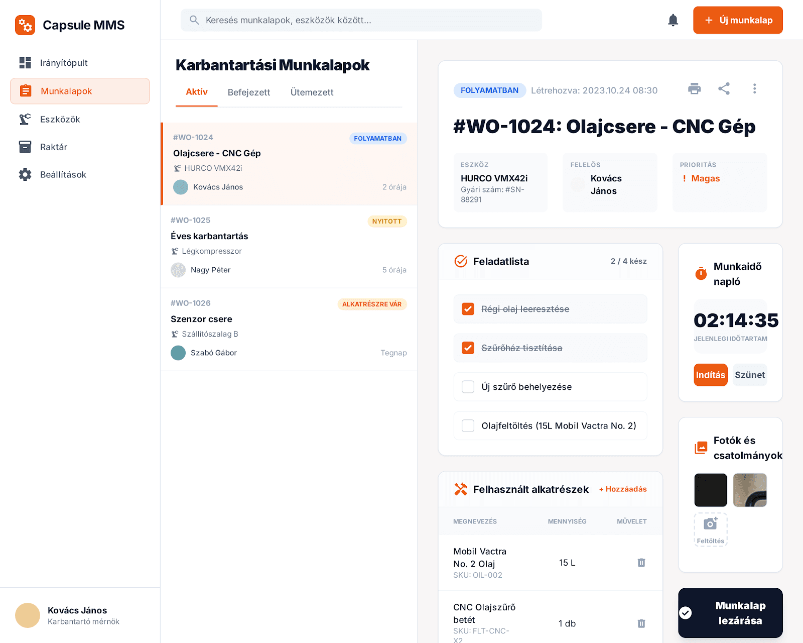 Capsule MMS karbantartási munkalapok nézet