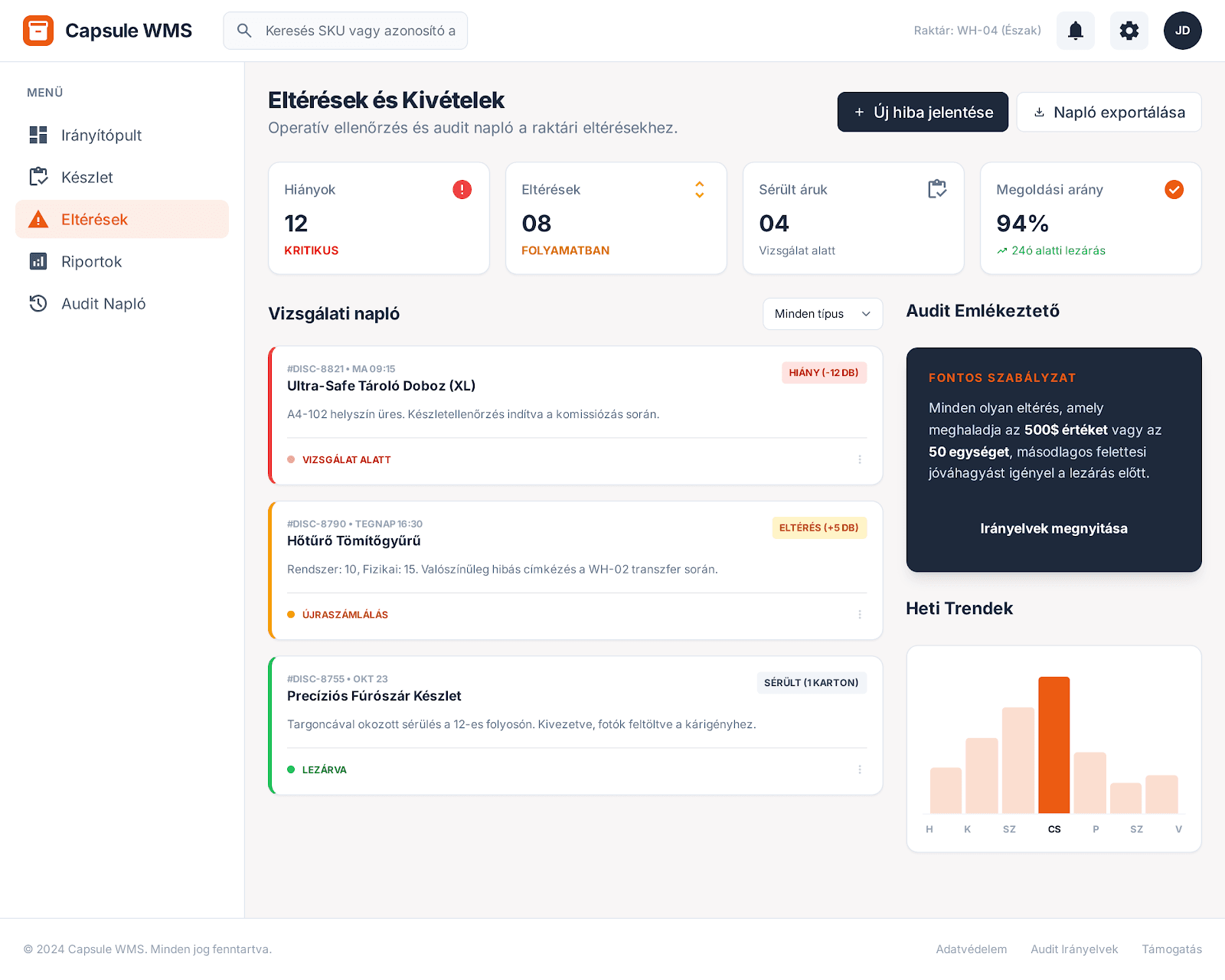 Capsule WMS eltérések és kivételek nézet