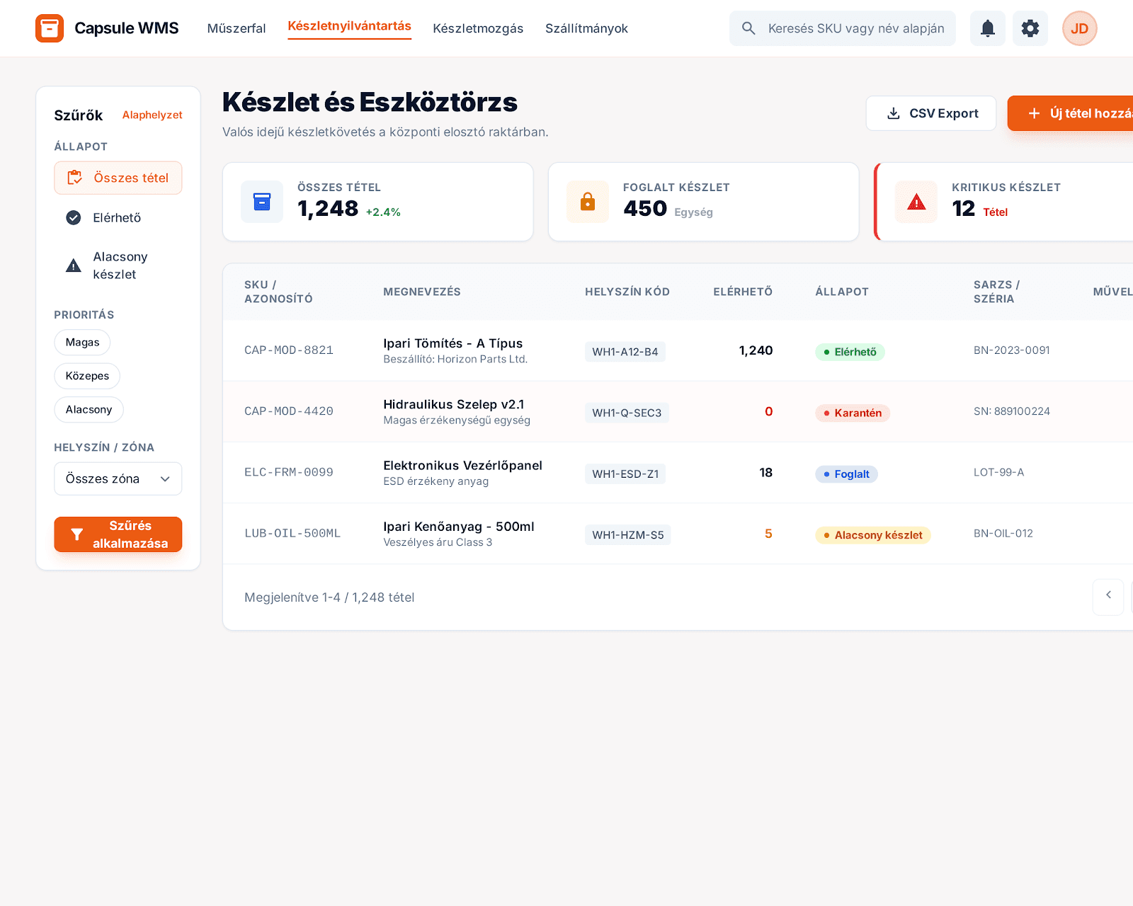 Capsule WMS készlet és eszköztörzs nézet
