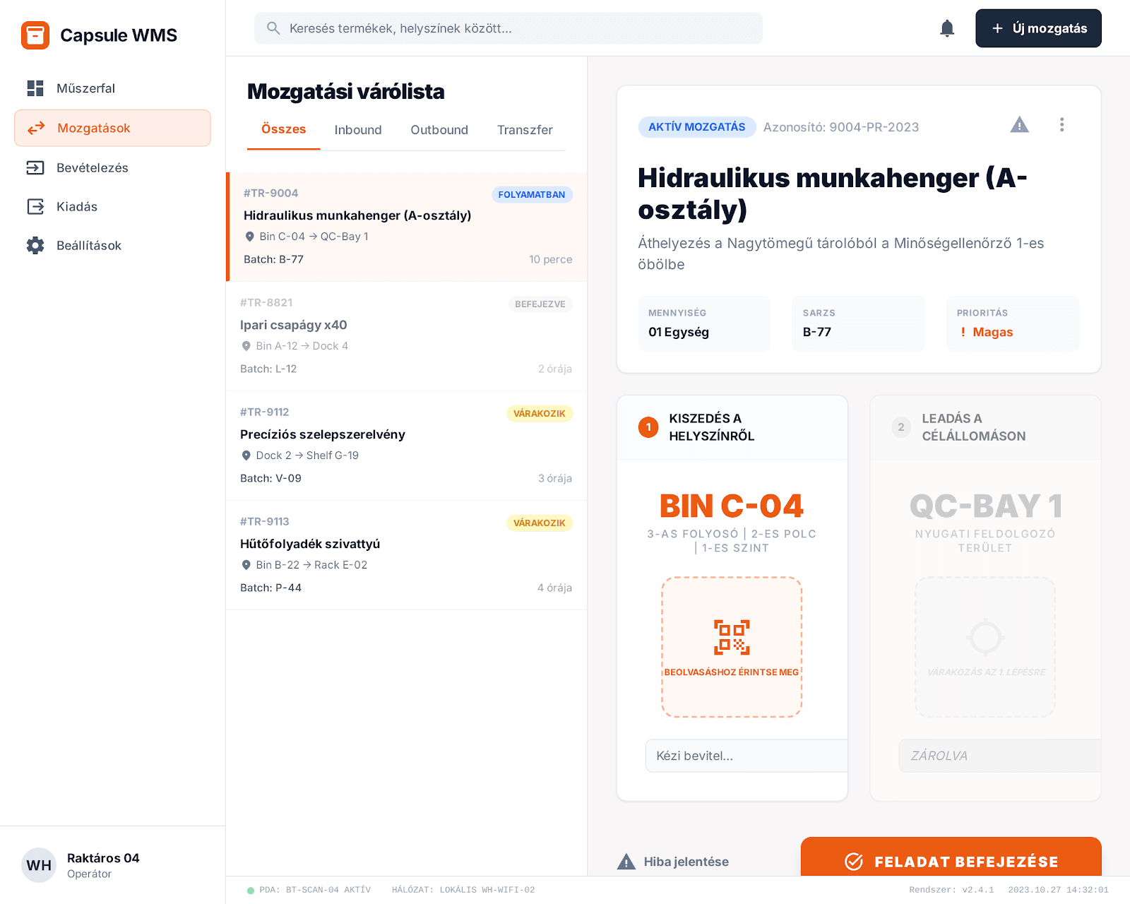Capsule WMS mozgások és végrehajtás nézet